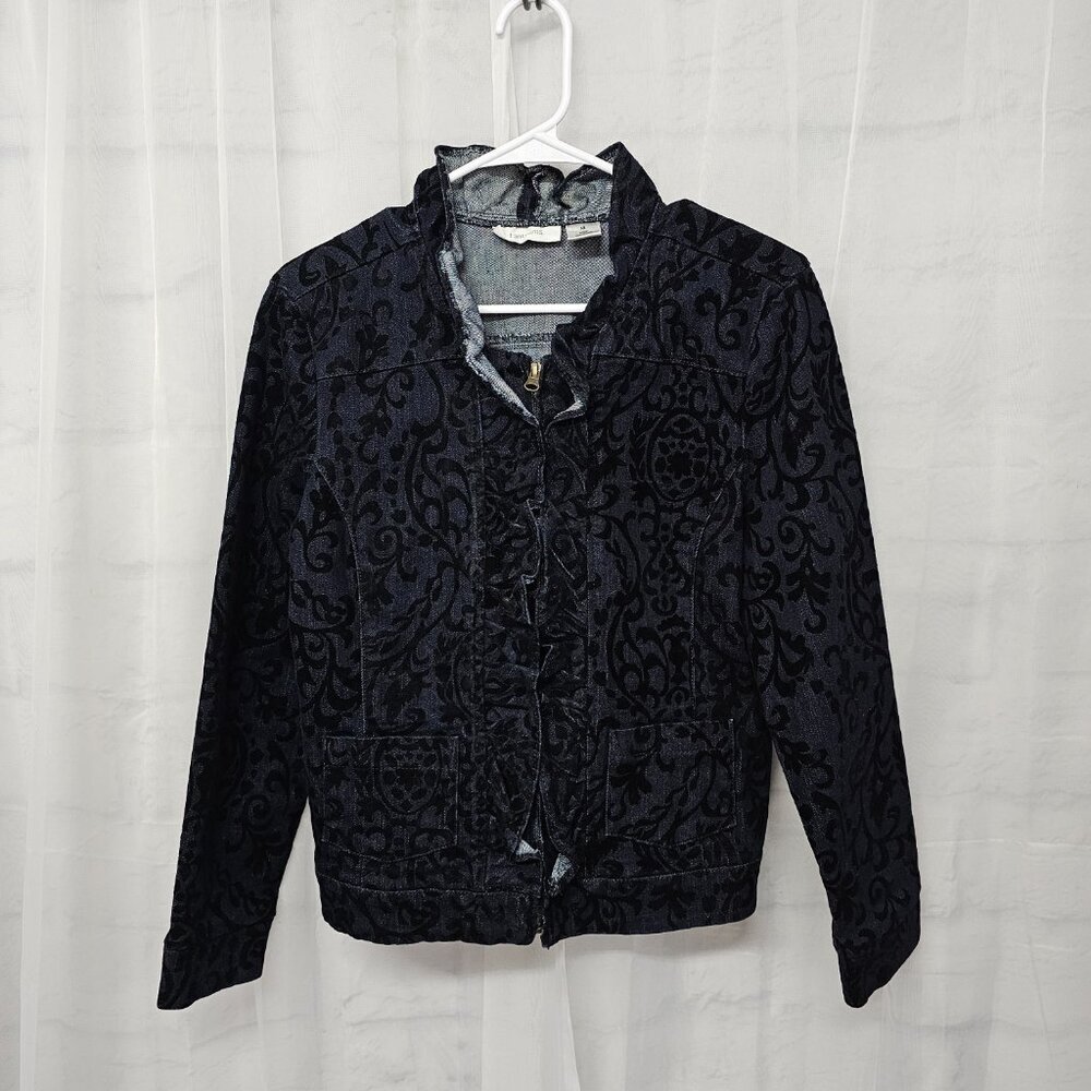 Tantrums Blue Black Velour Flocked Denim Jacket Zip Ruffle Boho M - Picture 10 of 14